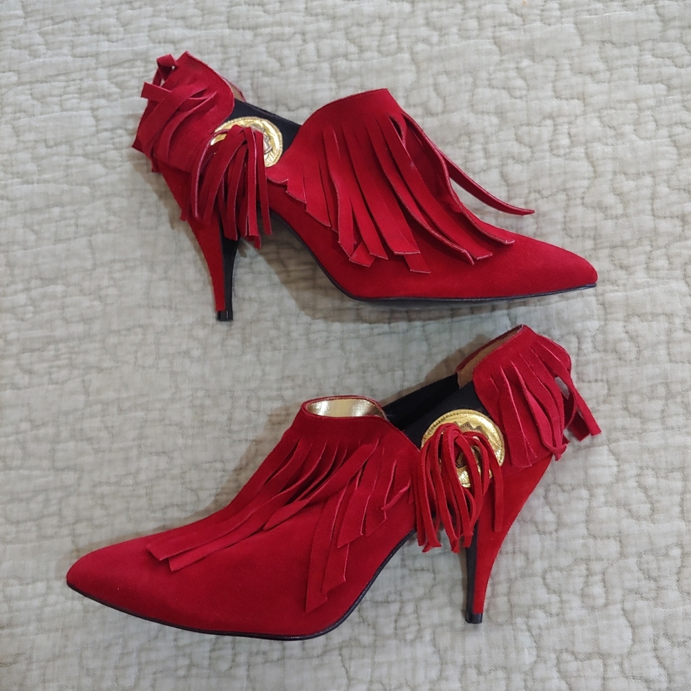 Made In Spain Genuine Leather Fringe Heels, US 8.5, Red